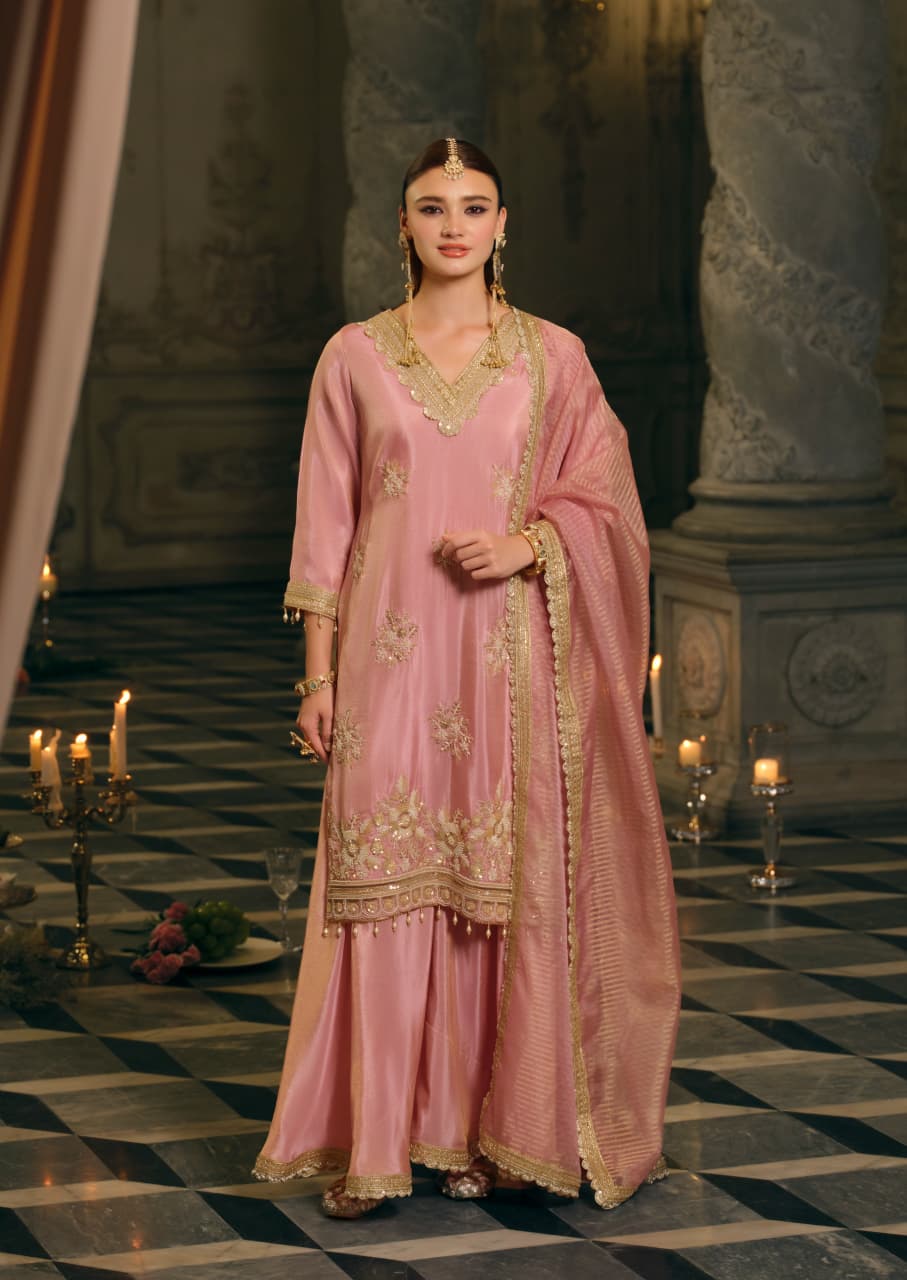 Ahd-e-Shabaab – Rose Pink Shimmer Silk Gharara Suit Set with Gold Sequin Embroidery & Banarasi Dupatta | Bridal Function & Reception Wear for Women