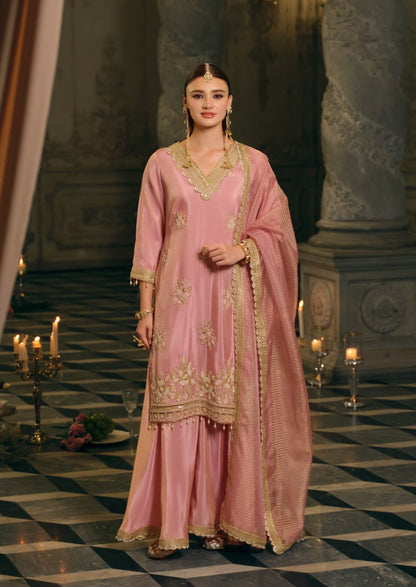 Ahd-e-Shabaab – Rose Pink Shimmer Silk Gharara Suit Set with Gold Sequin Embroidery & Banarasi Dupatta | Bridal Function & Reception Wear for Women