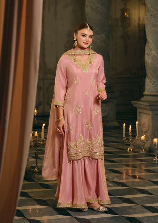 Ahd-e-Shabaab – Rose Pink Shimmer Silk Gharara Suit Set with Gold Sequin Embroidery & Banarasi Dupatta | Bridal Function & Reception Wear for Women