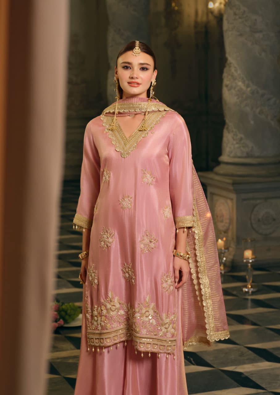 Ahd-e-Shabaab – Rose Pink Shimmer Silk Gharara Suit Set with Gold Sequin Embroidery & Banarasi Dupatta | Bridal Function & Reception Wear for Women