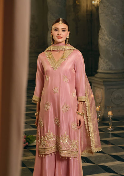 Ahd-e-Shabaab – Rose Pink Shimmer Silk Gharara Suit Set with Gold Sequin Embroidery & Banarasi Dupatta | Bridal Function & Reception Wear for Women