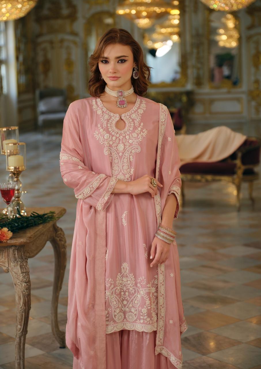 Jamaal – Blush Pink Zari Embroidered Sharara Suit Set with Dupatta | Wedding Function & Sangeet Party Wear for Women