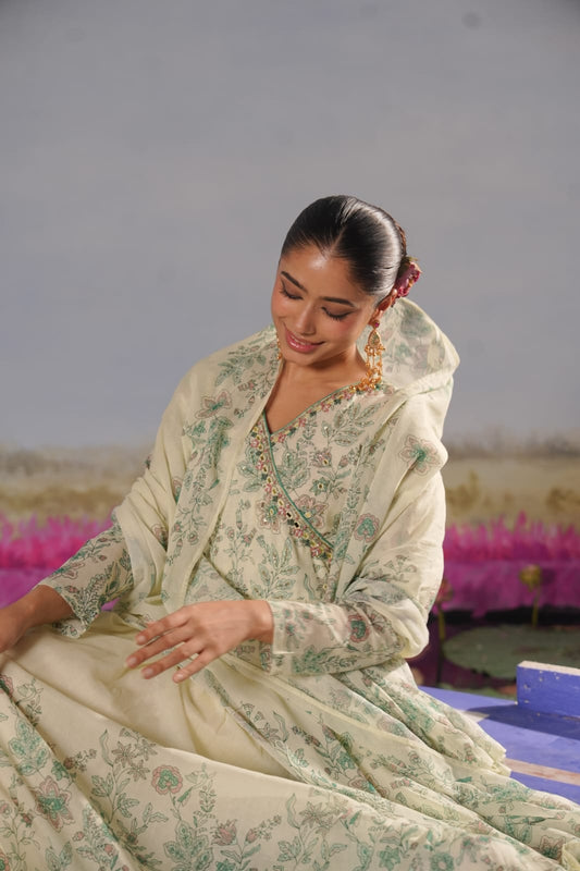 Andaaz – Ivory Floral Printed Cotton Anarkali Gown with Mirror Work Waist Detail & Dupatta | Festive & Mehendi Outfit for Women