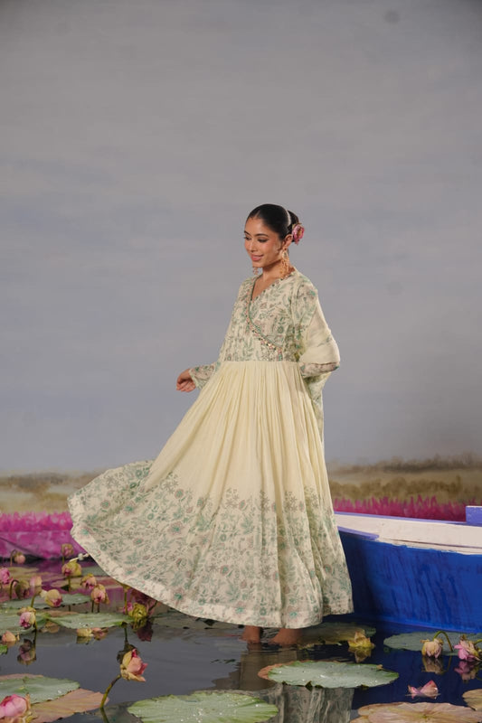Andaaz – Ivory Floral Printed Cotton Anarkali Gown with Mirror Work Waist Detail & Dupatta | Festive & Mehendi Outfit for Women
