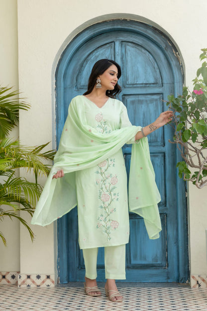 Husn-e-Akhir – Mint Green & Pink Floral Thread Embroidered Straight Suit Set with Dupatta | Office Ethnic & Casual Wear for Women