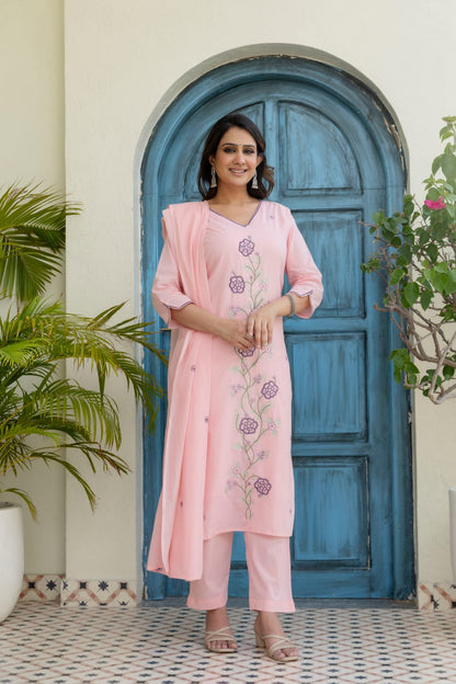 Husn-e-Akhir – Mint Green & Pink Floral Thread Embroidered Straight Suit Set with Dupatta | Office Ethnic & Casual Wear for Women