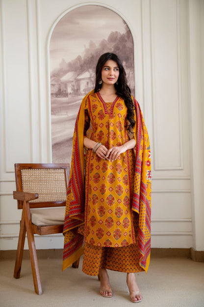 Taaziim – Mustard Mughal Print Pure Cotton Kurta with Palazzo & Dupatta | Office & Daily Wear Ethnic Suit Set for Women