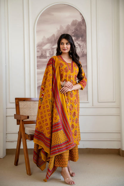 Taaziim – Mustard Mughal Print Pure Cotton Kurta with Palazzo & Dupatta | Office & Daily Wear Ethnic Suit Set for Women