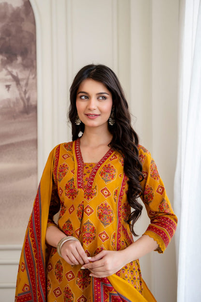 Taaziim – Mustard Mughal Print Pure Cotton Kurta with Palazzo & Dupatta | Office & Daily Wear Ethnic Suit Set for Women