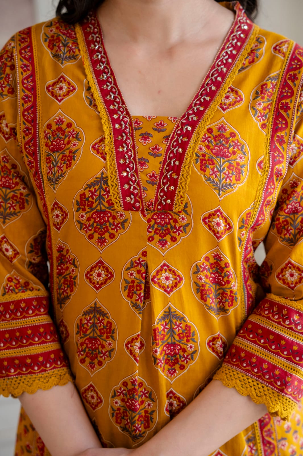 Taaziim – Mustard Mughal Print Pure Cotton Kurta with Palazzo & Dupatta | Office & Daily Wear Ethnic Suit Set for Women