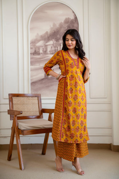 Taaziim – Mustard Mughal Print Pure Cotton Kurta with Palazzo & Dupatta | Office & Daily Wear Ethnic Suit Set for Women