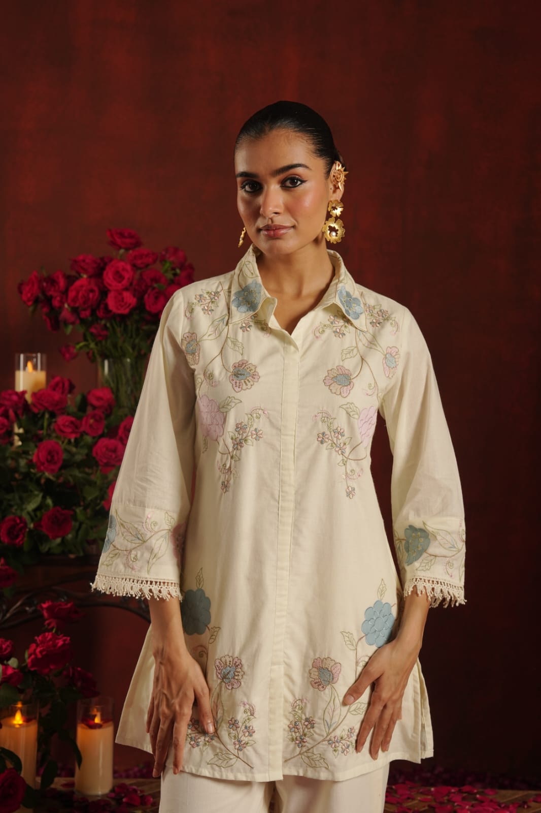 Kamaal-e-Husn – Ivory Cream Floral Embroidered Cotton Shirt Coord Set | Festive & Semi-Formal Ethnic Wear for Women