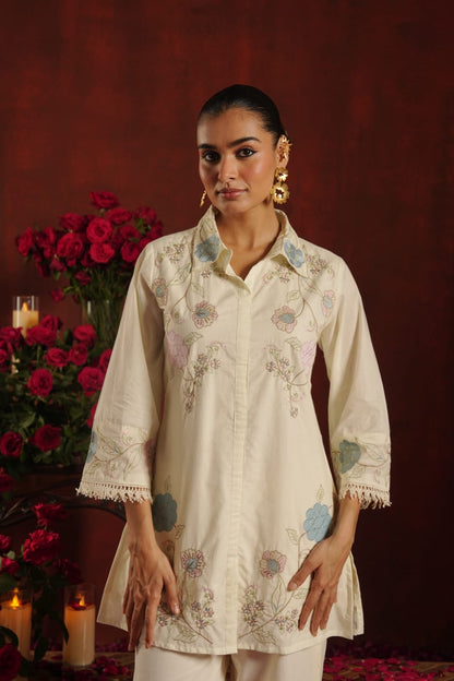 Kamaal-e-Husn – Ivory Cream Floral Embroidered Cotton Shirt Coord Set | Festive & Semi-Formal Ethnic Wear for Women