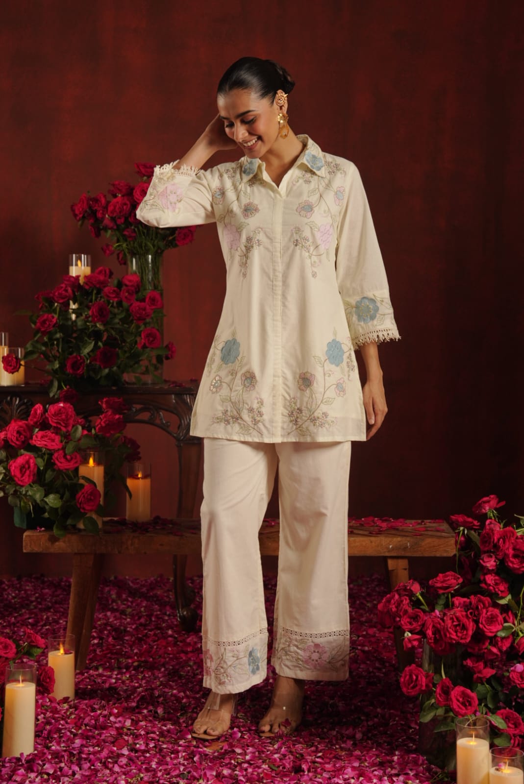 Kamaal-e-Husn – Ivory Cream Floral Embroidered Cotton Shirt Coord Set | Festive & Semi-Formal Ethnic Wear for Women