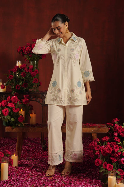 Kamaal-e-Husn – Ivory Cream Floral Embroidered Cotton Shirt Coord Set | Festive & Semi-Formal Ethnic Wear for Women