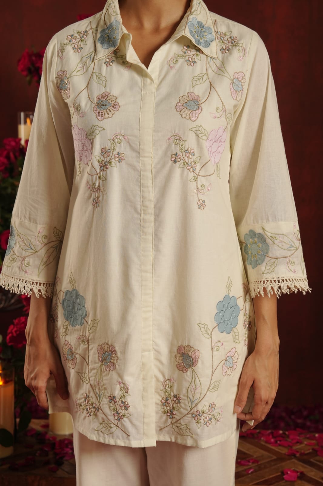 Kamaal-e-Husn – Ivory Cream Floral Embroidered Cotton Shirt Coord Set | Festive & Semi-Formal Ethnic Wear for Women