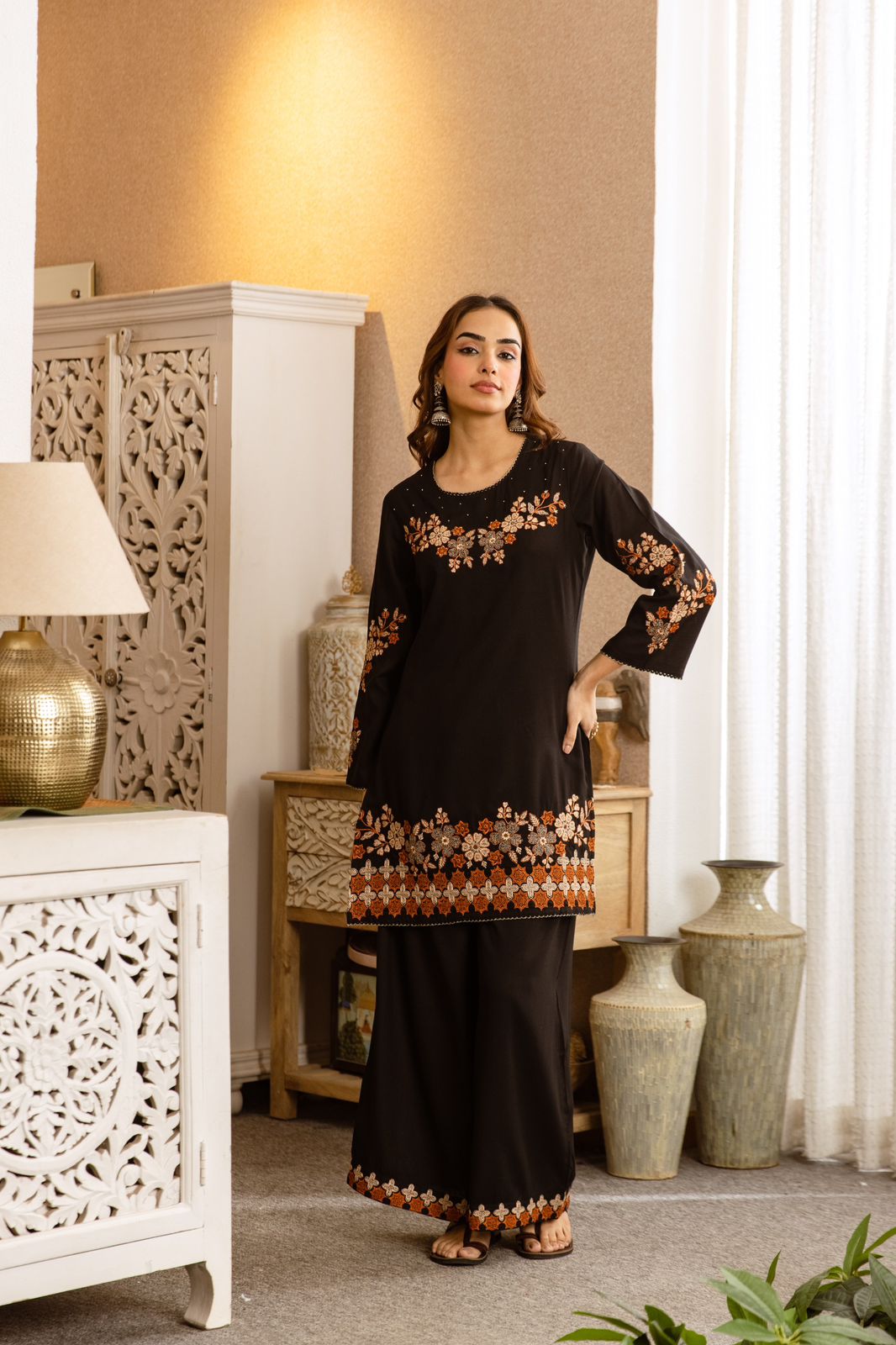 Ehsas-e-Khudii – Black German Rayon Embroidered Co-ord Set with Terracotta Floral Border | Party Wear & Festive Ethnic Outfit for Women