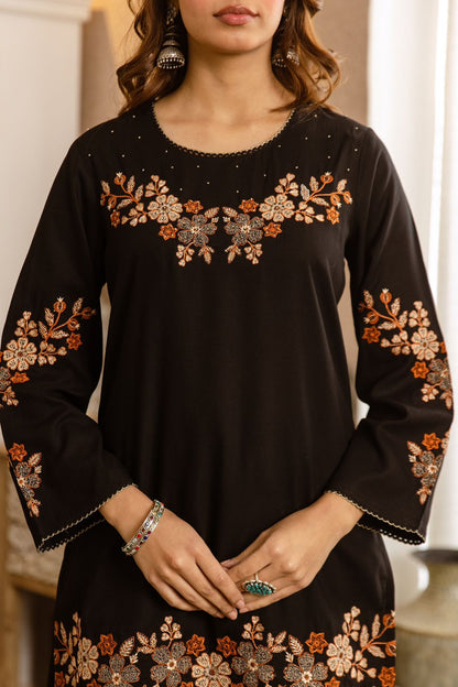 Ehsas-e-Khudii – Black German Rayon Embroidered Co-ord Set with Terracotta Floral Border | Party Wear & Festive Ethnic Outfit for Women