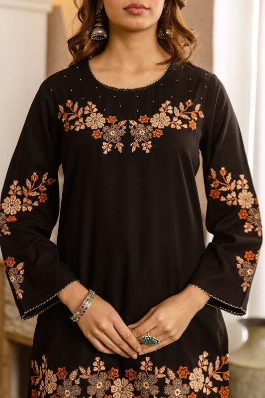 Ehsas-e-Khudii – Black German Rayon Embroidered Co-ord Set with Terracotta Floral Border | Party Wear & Festive Ethnic Outfit for Women