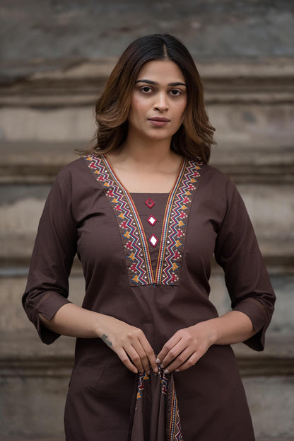 Hasrat – Chocolate Brown Pure Cotton Embroidered Suit Set with Embroidered Dupatta | Ethnic Daily Wear & Puja Outfit for Women