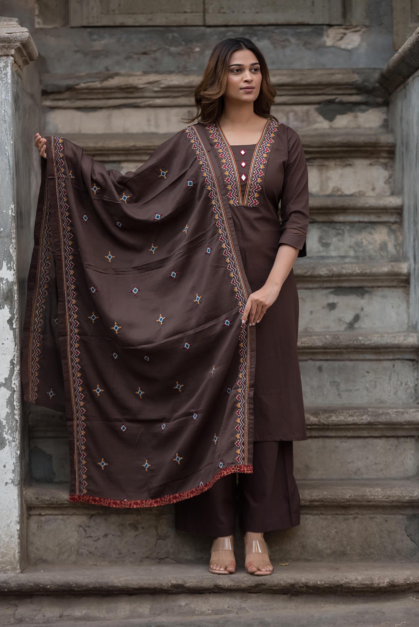Hasrat – Chocolate Brown Pure Cotton Embroidered Suit Set with Embroidered Dupatta | Ethnic Daily Wear & Puja Outfit for Women