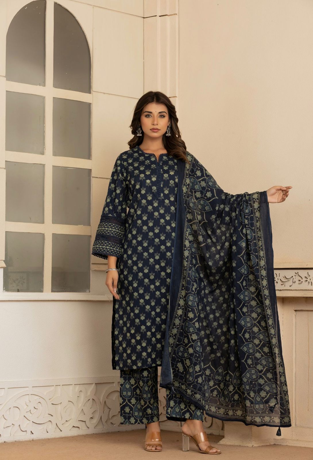 Andaaz –  Navy Blue Pakistani Style Floral Booti Printed Pure Cotton Suit Set with Printed Palazzo & Ajrakh Dupatta | Daily Wear Ethnic Outfit for Women