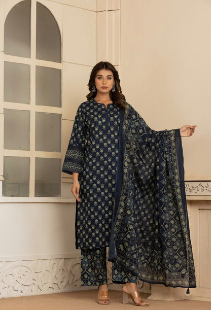 Andaaz –  Navy Blue Pakistani Style Floral Booti Printed Pure Cotton Suit Set with Printed Palazzo & Ajrakh Dupatta | Daily Wear Ethnic Outfit for Women
