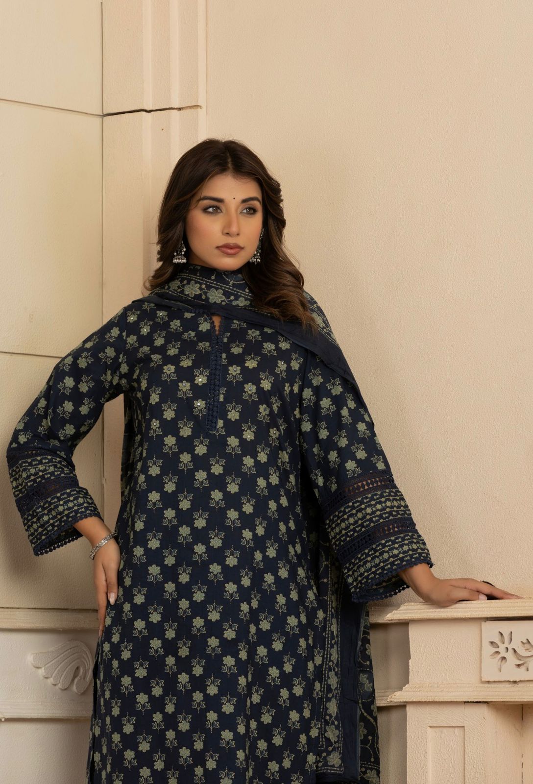 Andaaz –  Navy Blue Pakistani Style Floral Booti Printed Pure Cotton Suit Set with Printed Palazzo & Ajrakh Dupatta | Daily Wear Ethnic Outfit for Women
