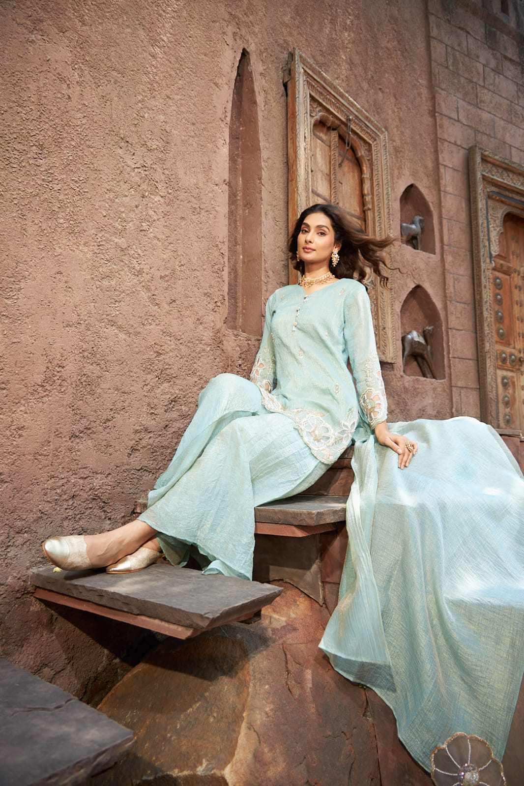 Noor-e-Sehar | Powder Blue Embroidered Sharara Set | Rakhi outfits for Women
