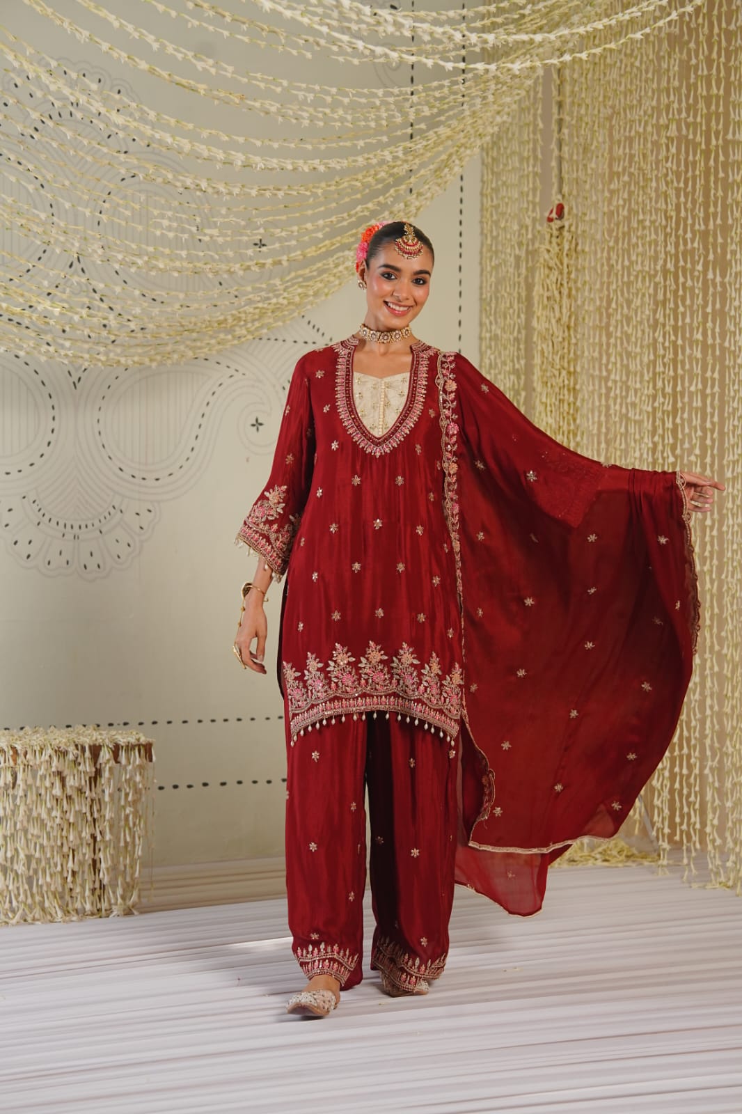 Zeenat-e-Mehak | Maroon Embroidered Kurti Set with Palazzo & Dupatta | Festive outfits for Women