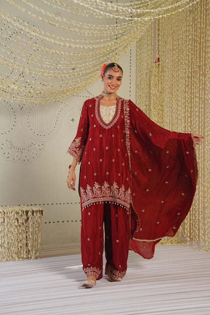 Zeenat-e-Mehak | Maroon Embroidered Kurti Set with Palazzo & Dupatta | Festive outfits for Women