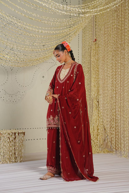 Zeenat-e-Mehak | Maroon Embroidered Kurti Set with Palazzo & Dupatta | Festive outfits for Women