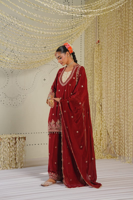 Zeenat-e-Mehak | Maroon Embroidered Kurti Set with Palazzo & Dupatta | Festive outfits for Women