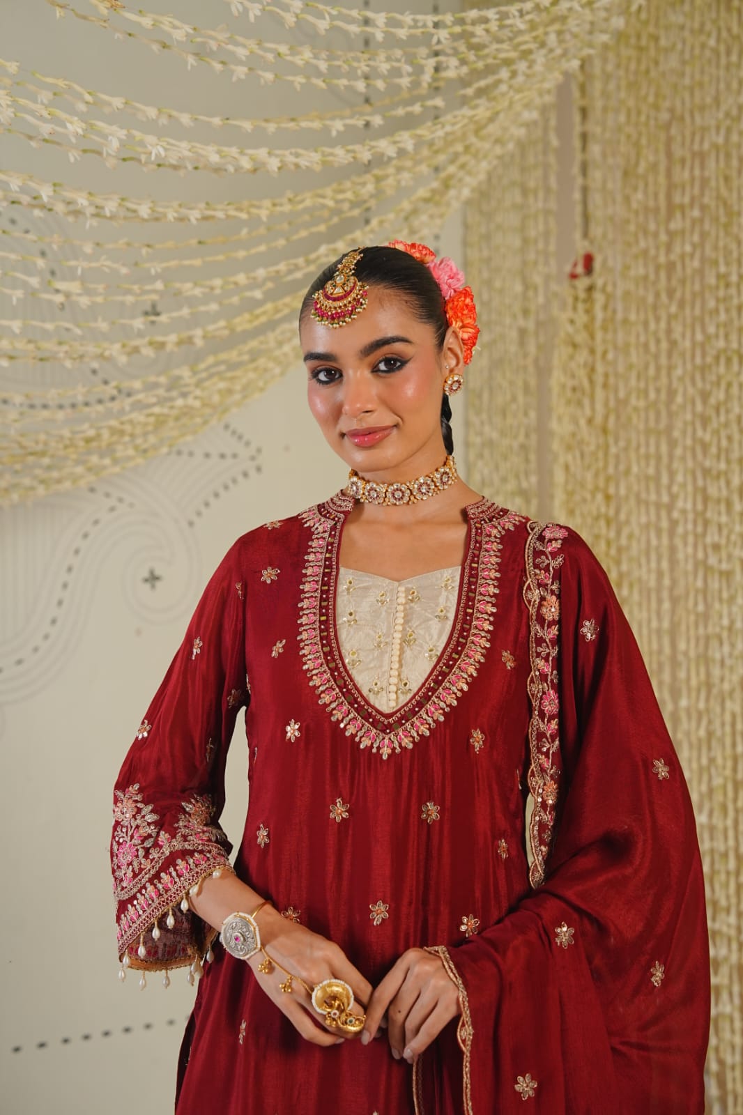 Zeenat-e-Mehak | Maroon Embroidered Kurti Set with Palazzo & Dupatta | Festive outfits for Women