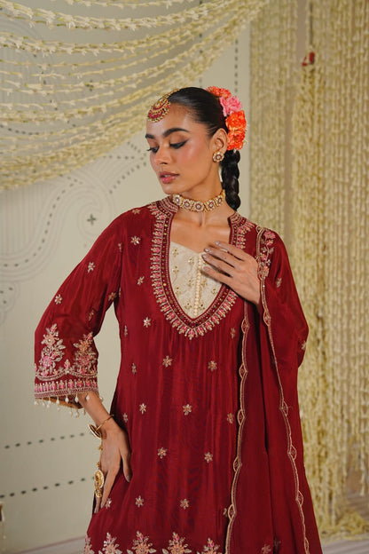 Zeenat-e-Mehak | Maroon Embroidered Kurti Set with Palazzo & Dupatta | Festive outfits for Women