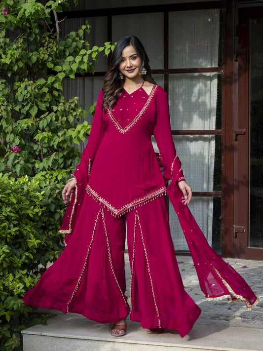 Tamanna – Rani Pink Pure Chinon Sharara Suit Set with Mirror-Work Dupatta | Sangeet & Wedding Ethnic Wear for Women