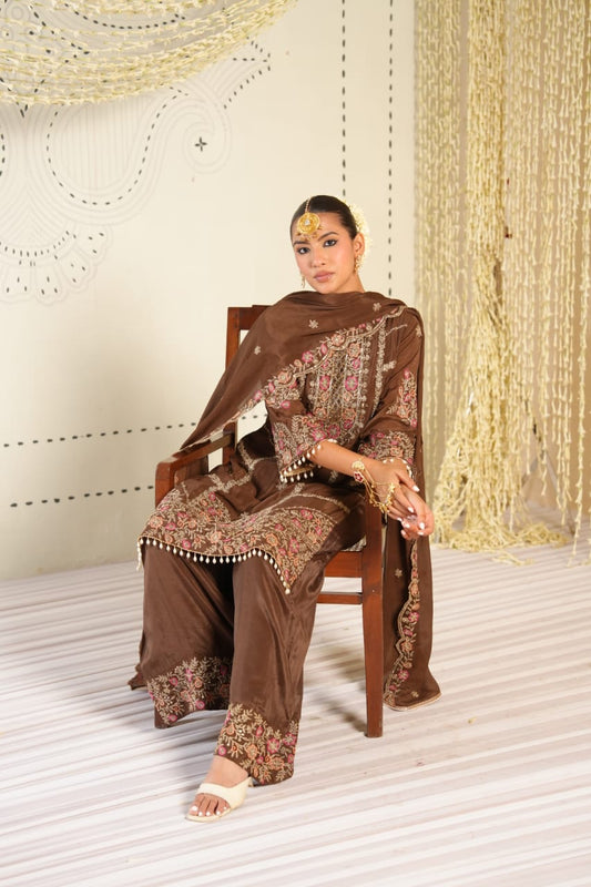 Qehwa – Chocolate Brown Pure Chinon Embroidered Suit Set with Sharara Pants & Dupatta | Mehendi & Rakhi Ethnic Wear for Women