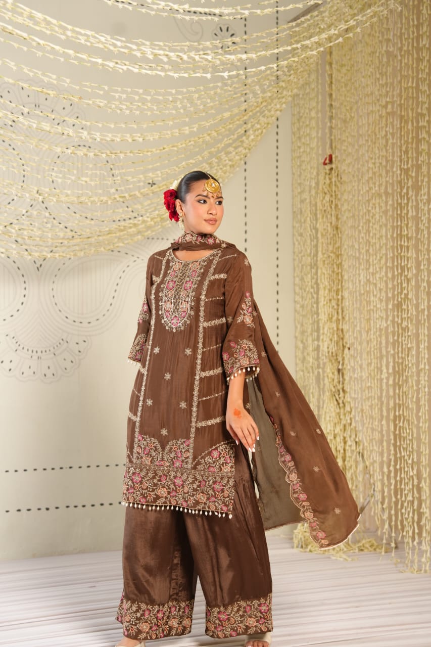 Qehwa – Chocolate Brown Pure Chinon Embroidered Suit Set with Sharara Pants & Dupatta | Mehendi & Rakhi Ethnic Wear for Women