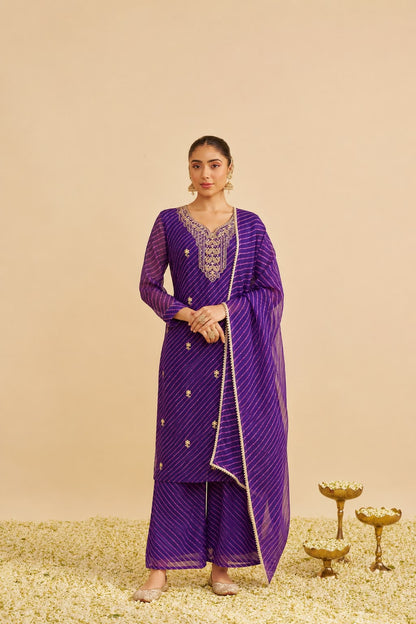 Faza Leheriya Print Georgette Suit Set with Embroidered Yoke & Dupatta | Sawan & Puja Ethnic Wear for Women
