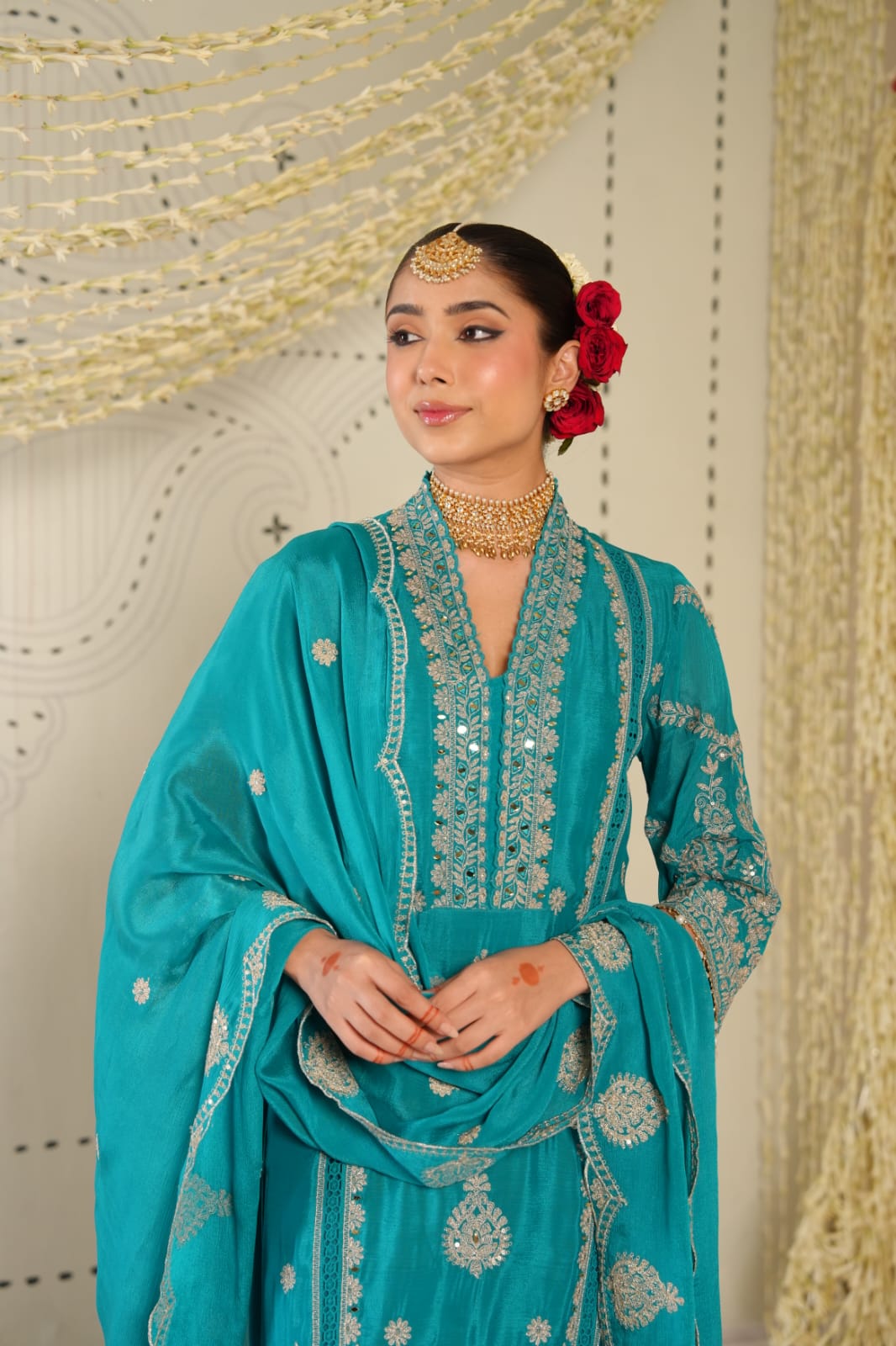 Firoza Noor - Teal Embroidered Straight Kurta Palazzo Set with Embroidery Work | Rakhi & Diwali Outfits for Women