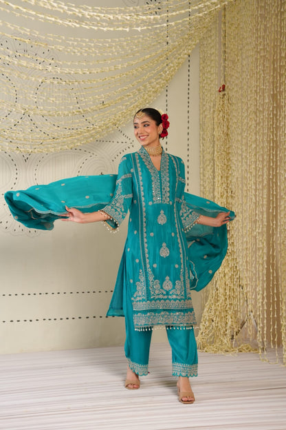 Firoza Noor - Teal Embroidered Straight Kurta Palazzo Set with Embroidery Work | Rakhi & Diwali Outfits for Women