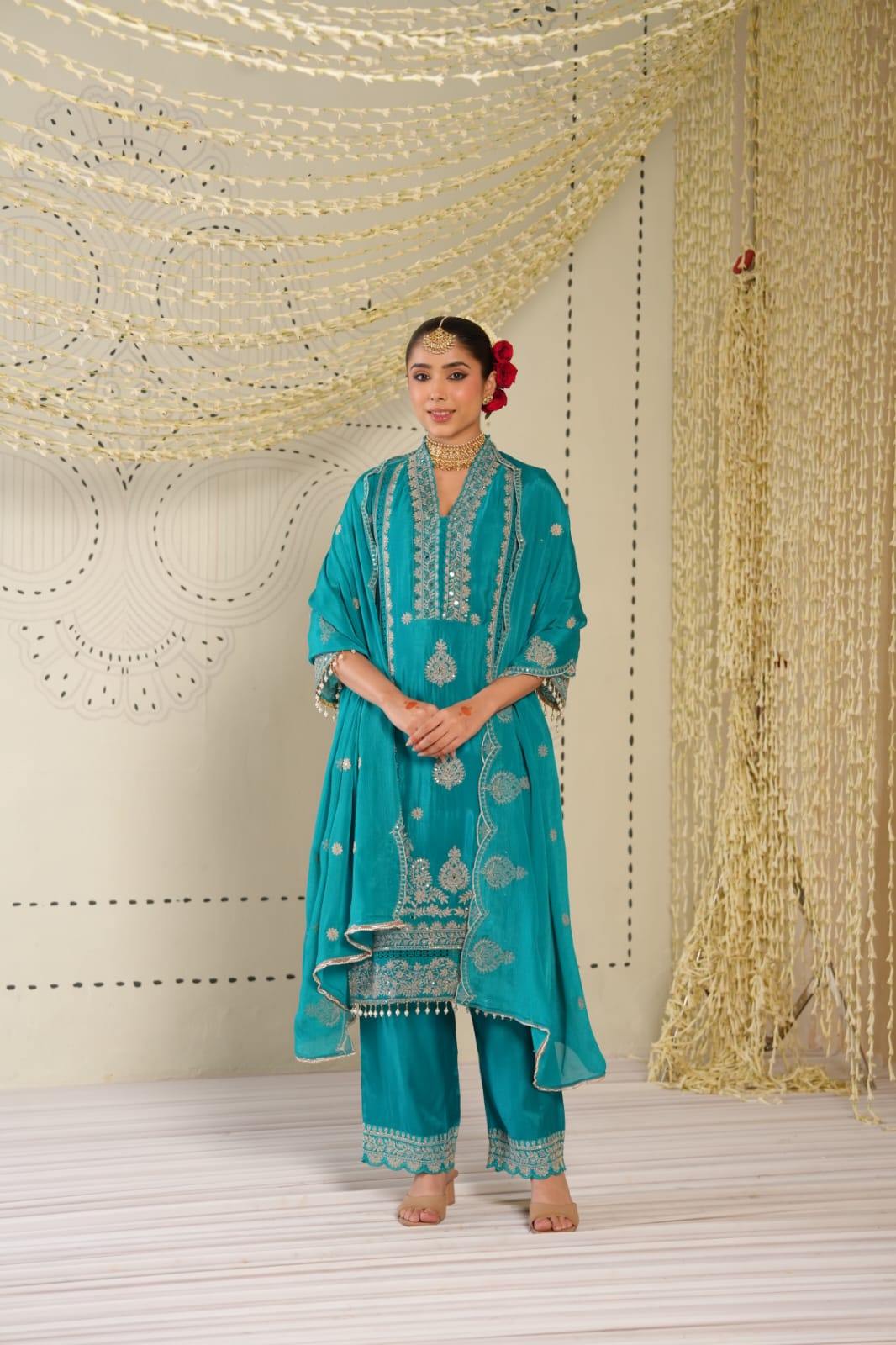 Firoza Noor - Teal Embroidered Straight Kurta Palazzo Set with Embroidery Work | Rakhi & Diwali Outfits for Women