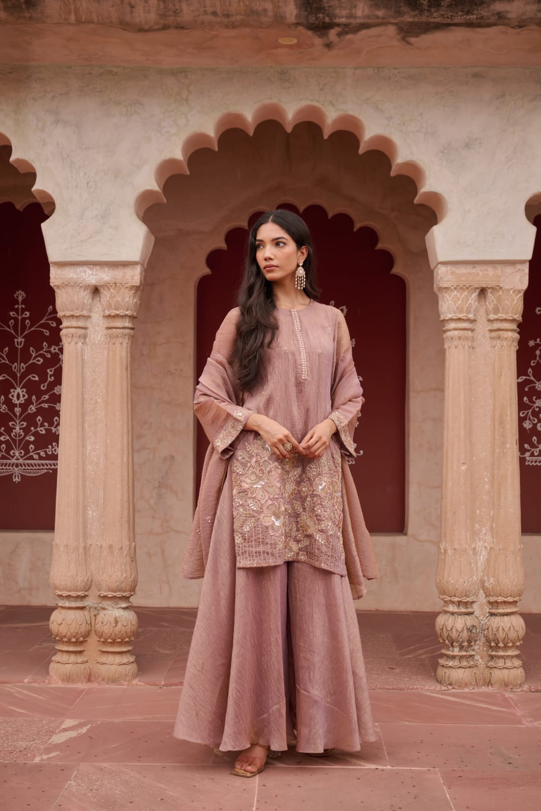 Qarar - Dusty Mauve Shimmer Salsa Suit Set with Embroidered Patch & Scalloped Dupatta | Evening & Festive Ethnic Wear for Women