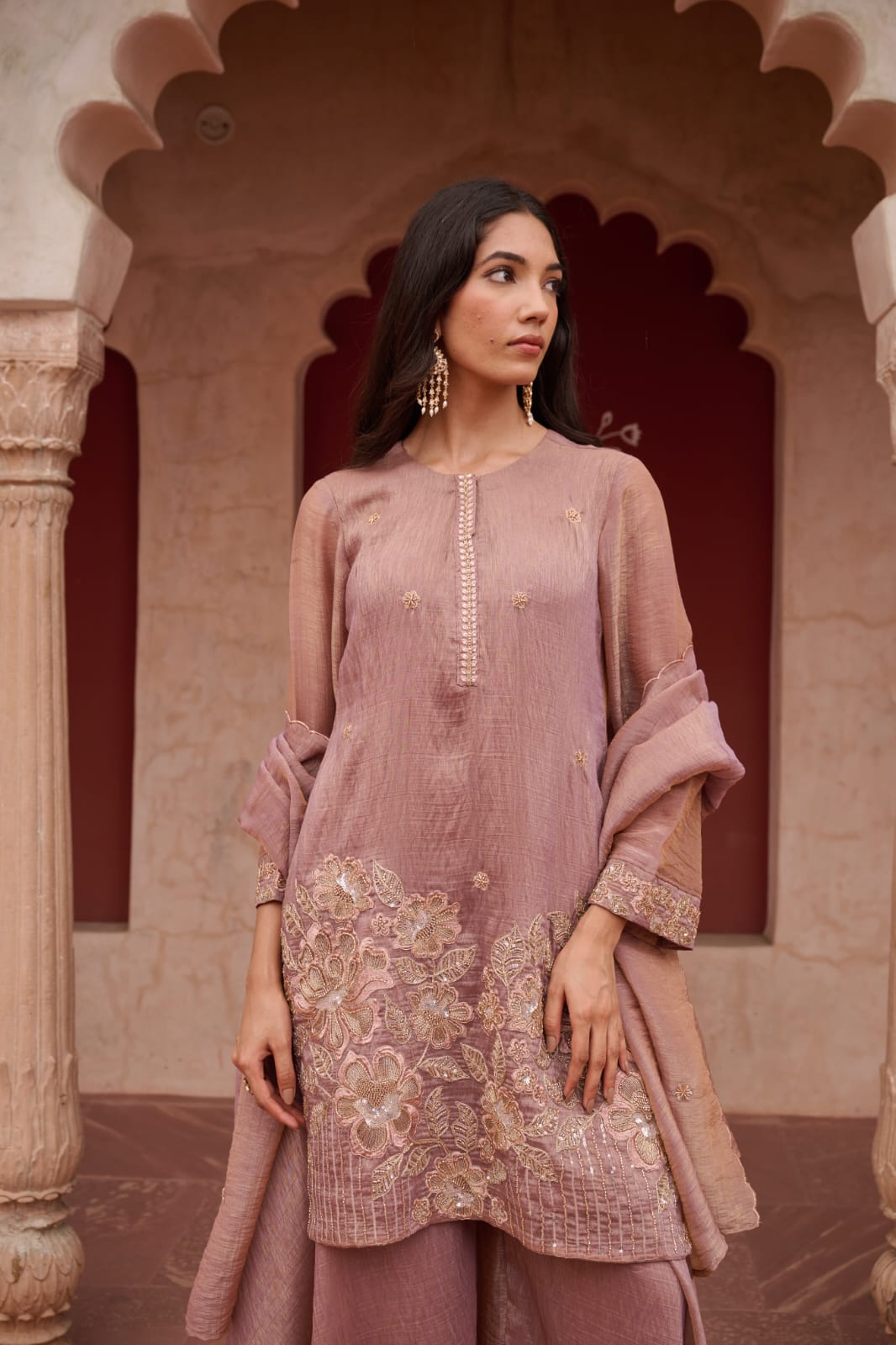 Qarar - Dusty Mauve Shimmer Salsa Suit Set with Embroidered Patch & Scalloped Dupatta | Evening & Festive Ethnic Wear for Women