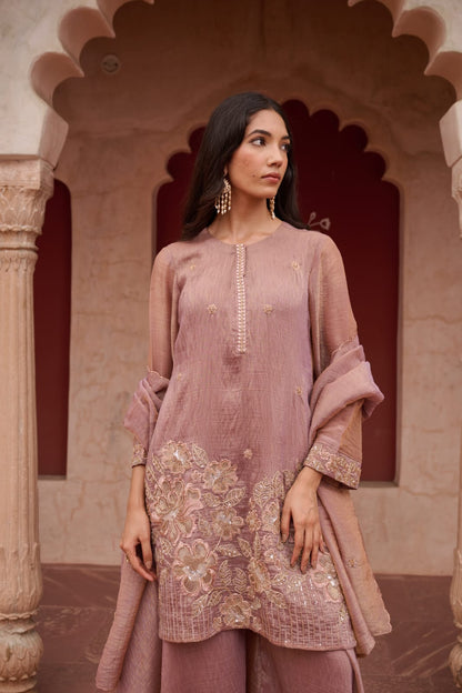 Qarar - Dusty Mauve Shimmer Salsa Suit Set with Embroidered Patch & Scalloped Dupatta | Evening & Festive Ethnic Wear for Women