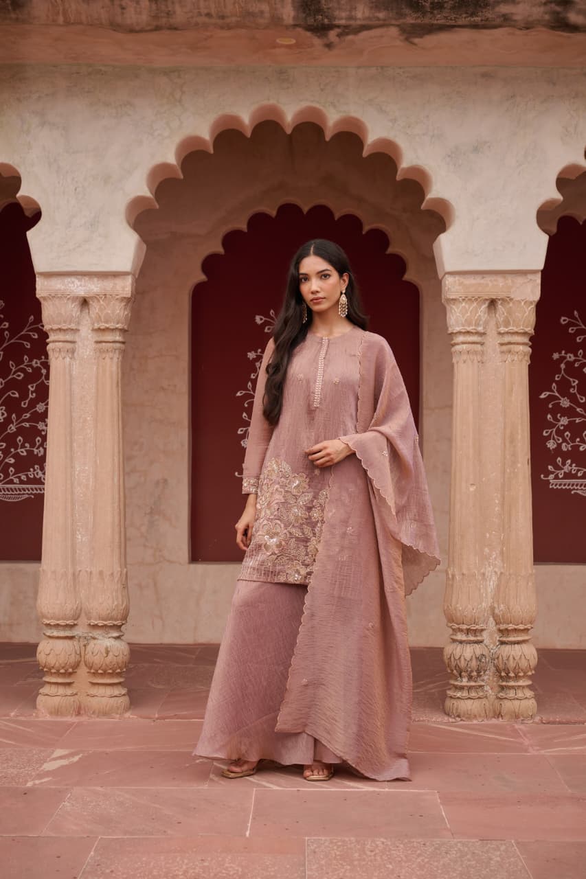 Qarar - Dusty Mauve Shimmer Salsa Suit Set with Embroidered Patch & Scalloped Dupatta | Evening & Festive Ethnic Wear for Women