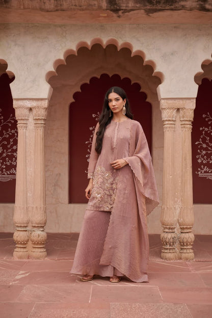 Qarar - Dusty Mauve Shimmer Salsa Suit Set with Embroidered Patch & Scalloped Dupatta | Evening & Festive Ethnic Wear for Women