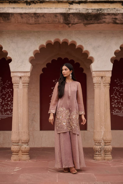 Qarar - Dusty Mauve Shimmer Salsa Suit Set with Embroidered Patch & Scalloped Dupatta | Evening & Festive Ethnic Wear for Women