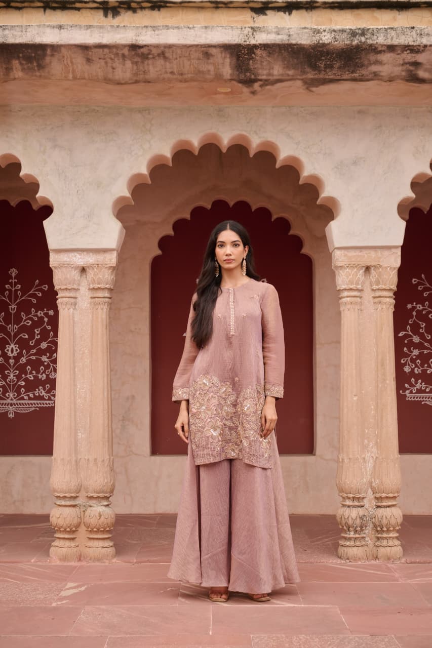 Qarar - Dusty Mauve Shimmer Salsa Suit Set with Embroidered Patch & Scalloped Dupatta | Evening & Festive Ethnic Wear for Women