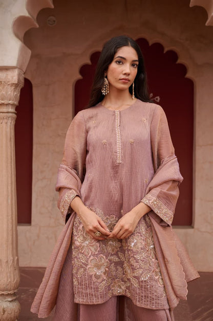 Qarar - Dusty Mauve Shimmer Salsa Suit Set with Embroidered Patch & Scalloped Dupatta | Evening & Festive Ethnic Wear for Women